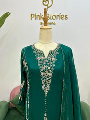 Handworked Panel Cut Anarkali Suit- Peacock Green