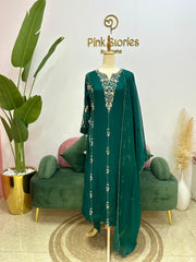 Handworked Panel Cut Anarkali Suit- Peacock Green