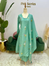 Embroidered Mul Chanderi A-line Suit- Sea Green