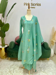 Embroidered Mul Chanderi A-line Suit- Sea Green