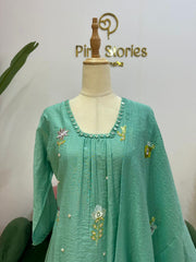 Embroidered Mul Chanderi A-line Suit- Sea Green
