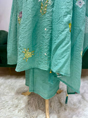 Embroidered Mul Chanderi A-line Suit- Sea Green