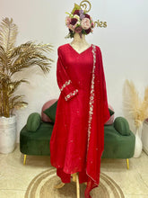 Handworked mul chanderi A-line suit- Red