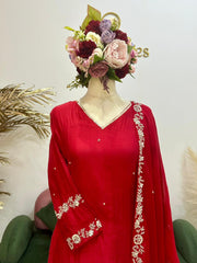 Handworked mul chanderi A-line suit- Red