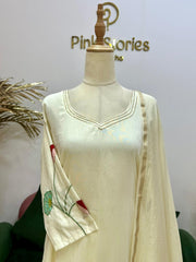 Appliqué work mul chanderi A-line suit- Off White