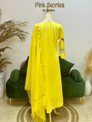 Appliqué work mul chanderi A-line suit- Yellow