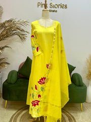 Appliqué work mul chanderi A-line suit- Yellow