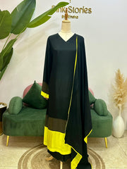 Golden Zari & Fluorescent Yellow Contrast A-Line Suit – Black