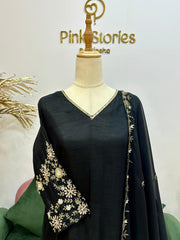 Handworked Raw Silk A-line Suit- Black