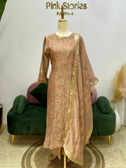 Handworked Mul Chanderi A-line Suit- Peach