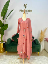 Embroidered Mul Chanderi A-line Suit- Peach