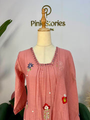 Embroidered Mul Chanderi A-line Suit- Peach