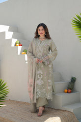 Embroidered 3pc salwar suit- Olive green