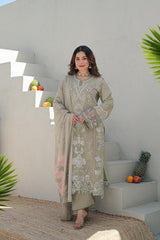 Embroidered 3pc salwar suit- Olive green