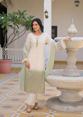 Ombre Shaded Schiffli Cutwork Salwar Suit- Cream and Green