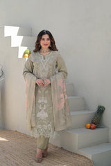 Embroidered 3pc salwar suit- Olive green