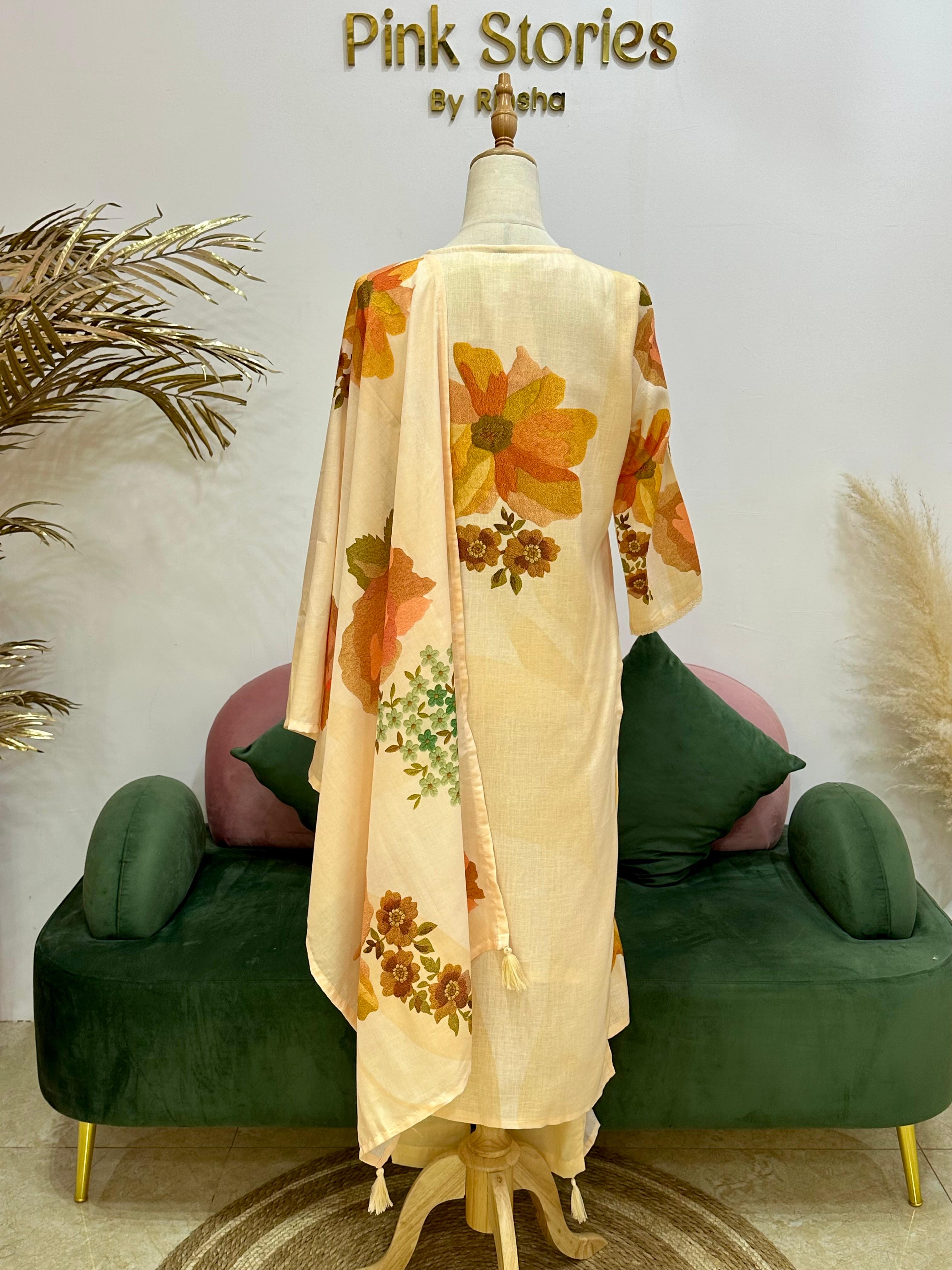 Digital print linen salwar suit- Beige