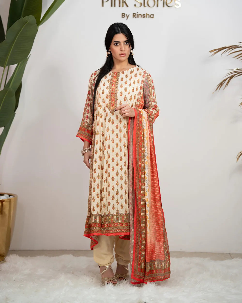 Muslin Silk Printed Panel Cut Anarkali - Cream Shade