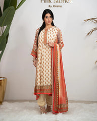 Muslin Silk Printed Panel Cut Anarkali - Cream Shade