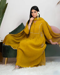 Gathered Paneled Anarkali with Handworks – Mustard Yellow