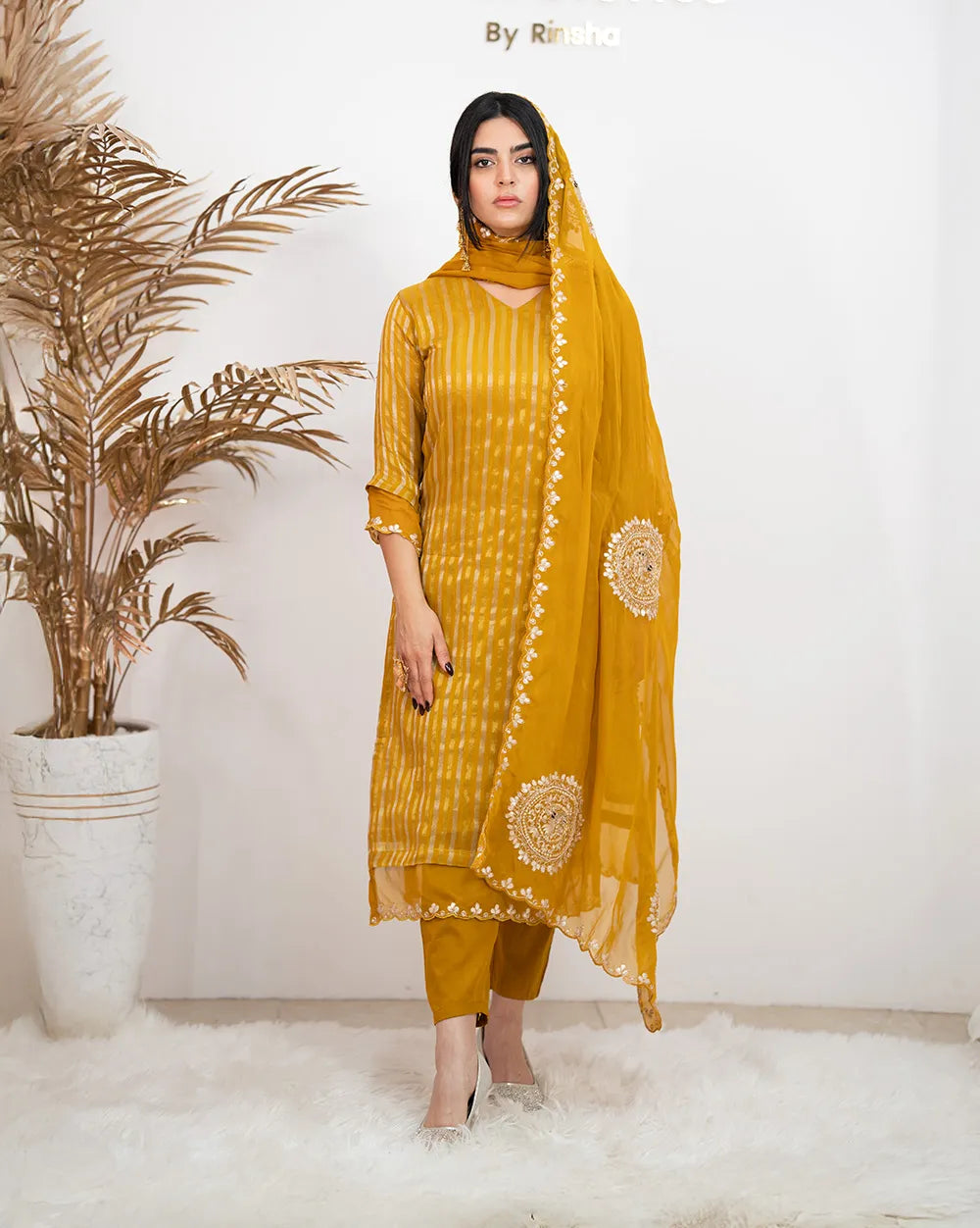 Tissue Striped Salwar Suit – Golden Yellow