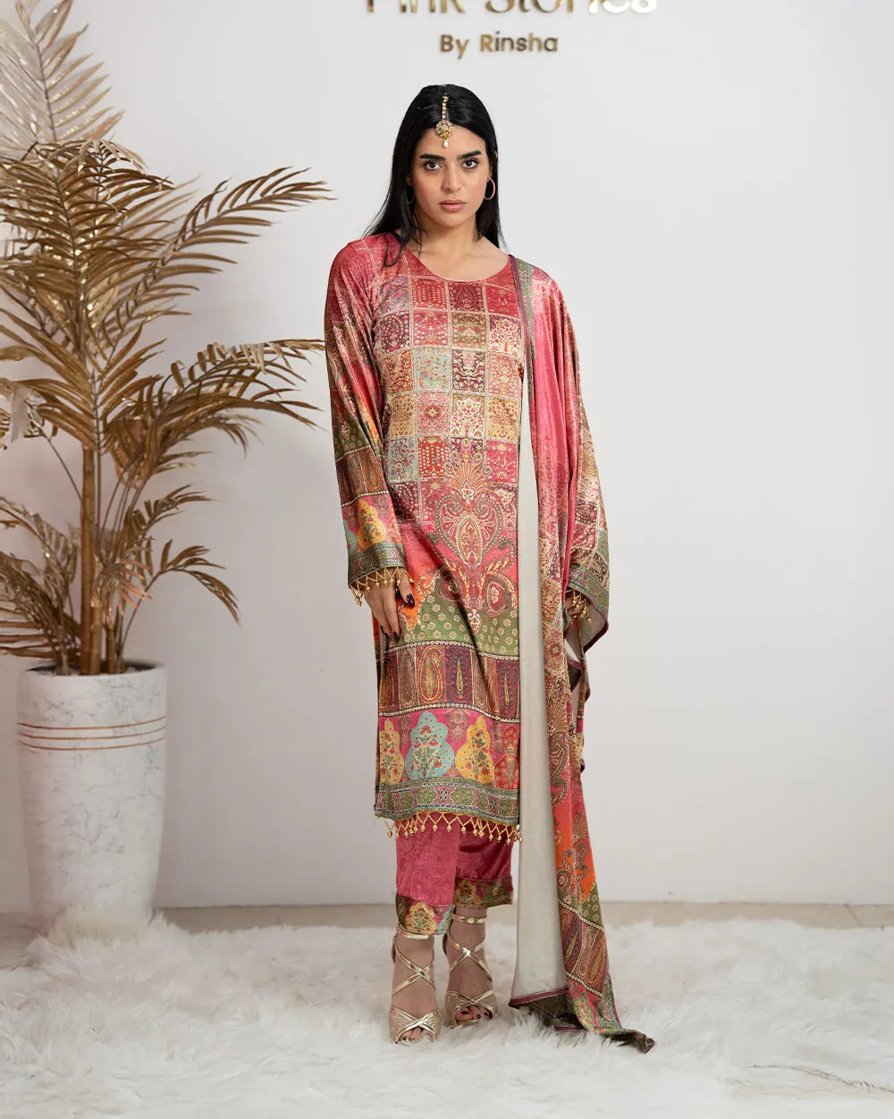 Multi Printed Stone Worked Velvet Suit – Pink