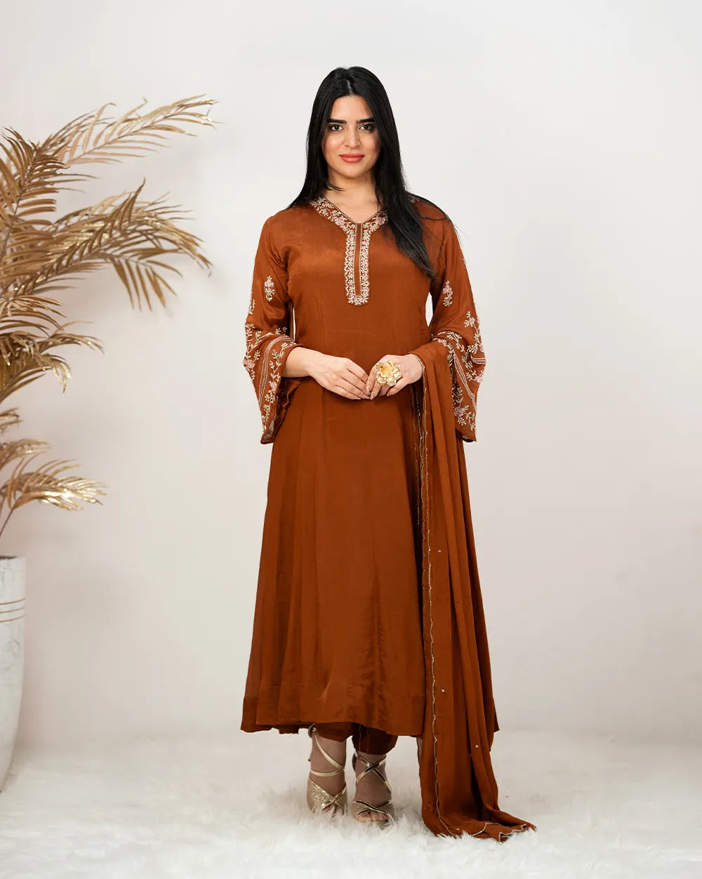 Handworked panel cut anarkali suit-brown