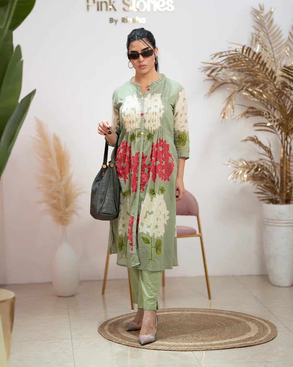 Printed Mul Cotton Co-Ord Set with Knife Pleats – Pale Green