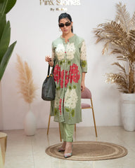 Printed Mul Cotton Co-Ord Set with Knife Pleats – Pale Green