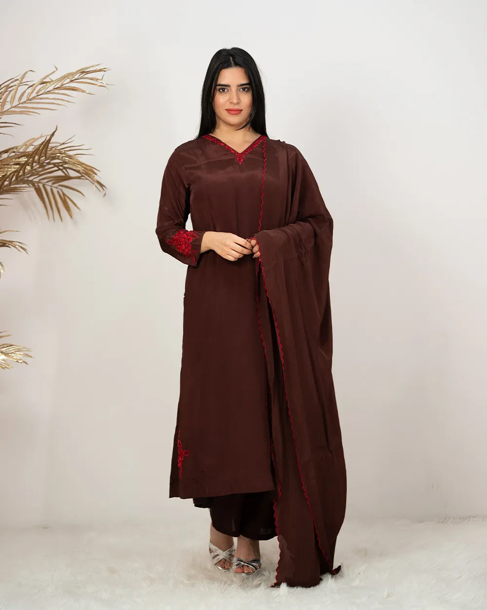 Embroidered A-line salwar suit- dark brown shade