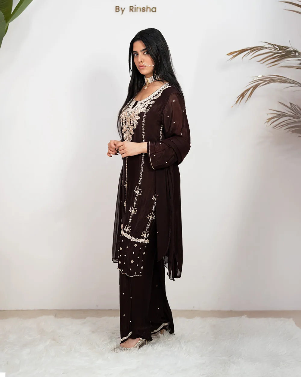 Handworked Chinon Salwar Suit – Dark Brown