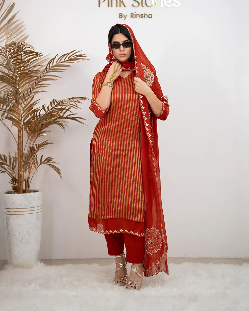 Tissue Striped Salwar Suit – Brick Red