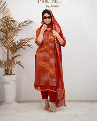 Tissue Striped Salwar Suit – Brick Red