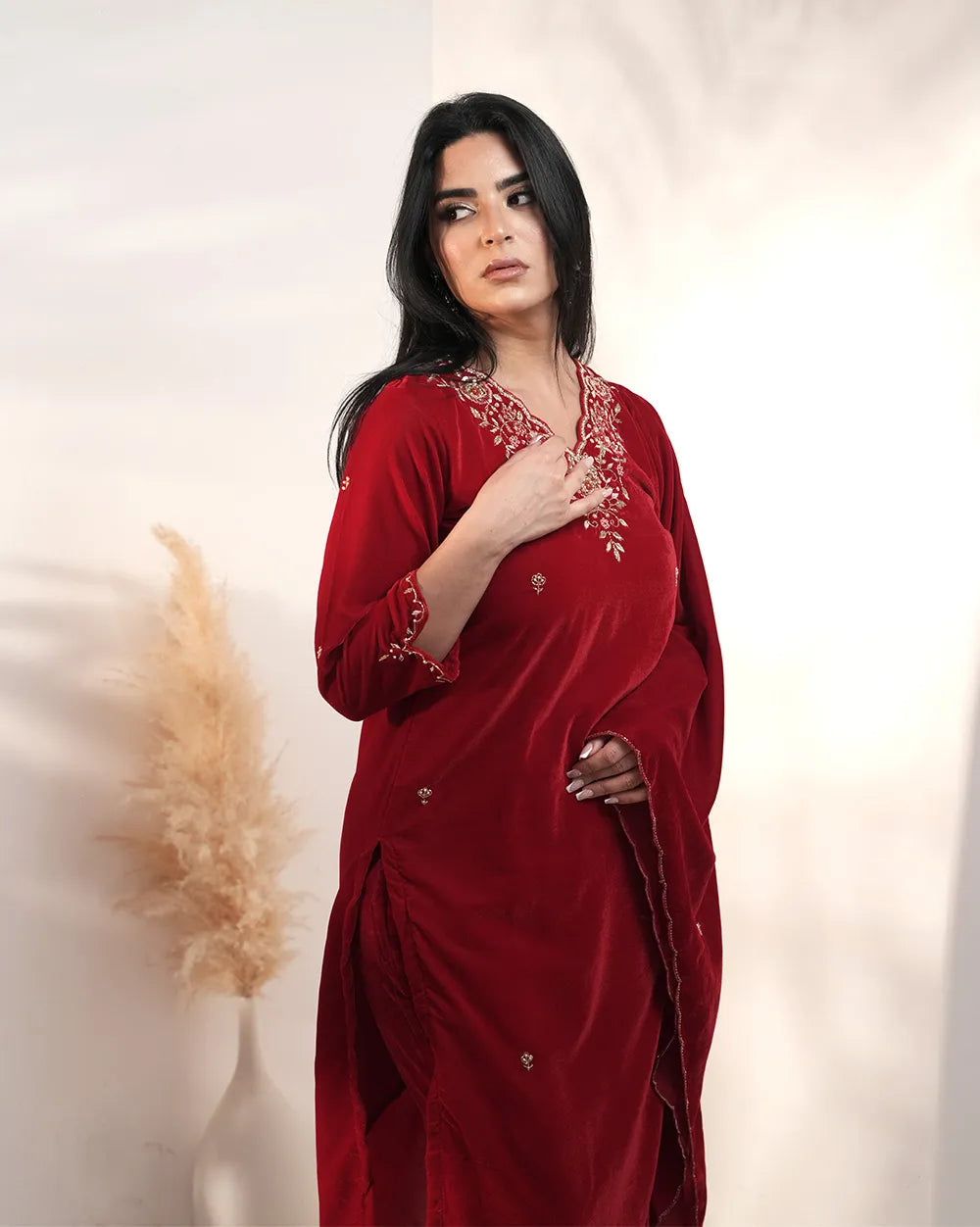 Handworked velvet salwar suit- red