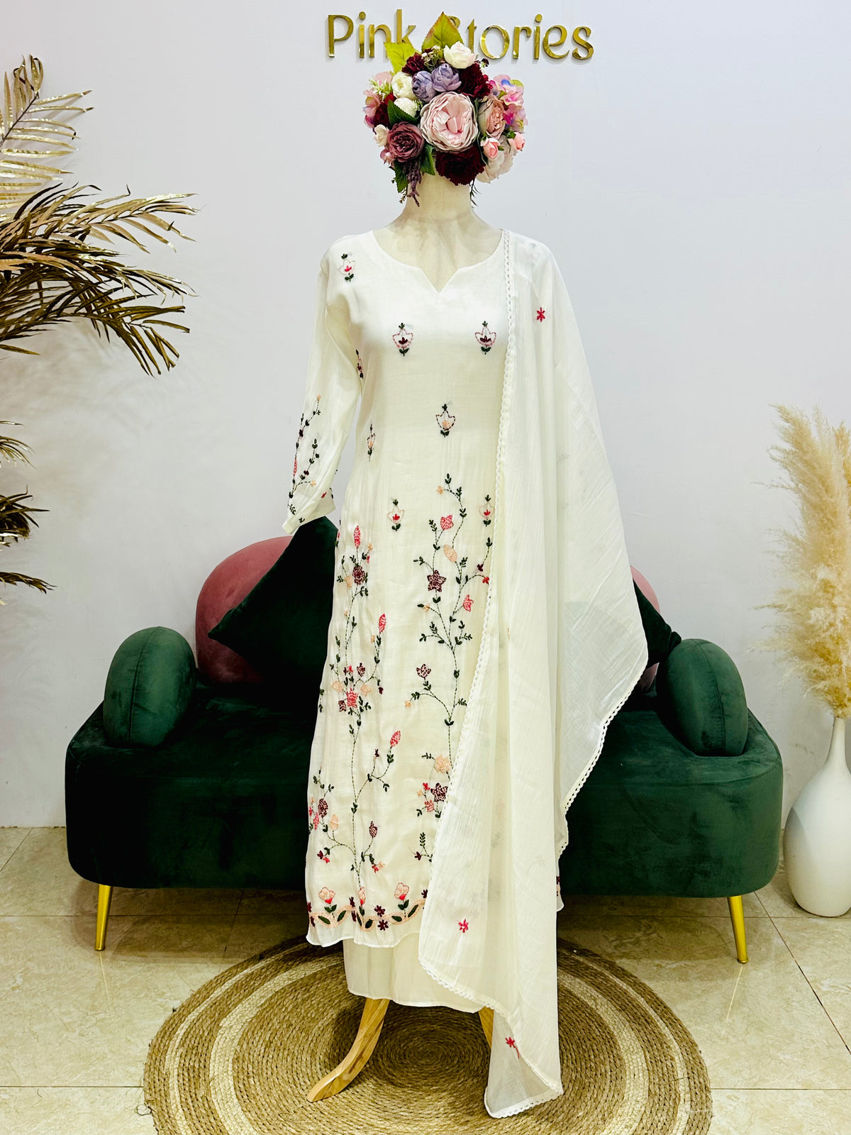 3pc A-Line Mul Chanderi Suit- Off White