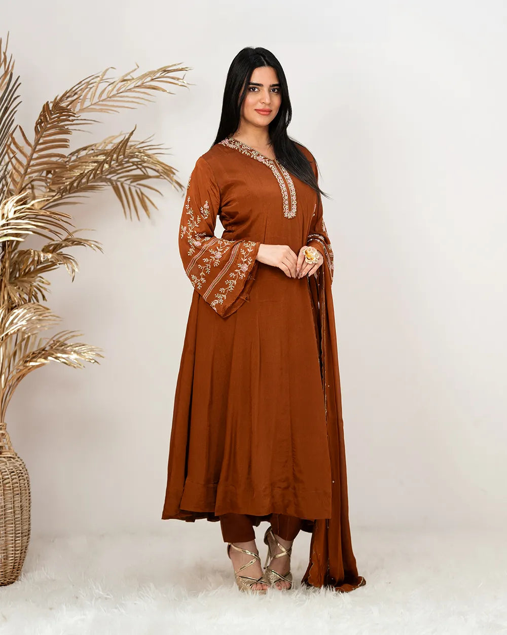Handworked panel cut anarkali suit-brown
