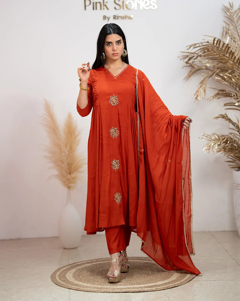Side Gathered Paneled Anarkali – Brick Red