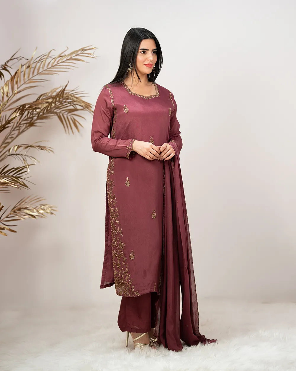 Handworked 3pc salwar suit- wine grey