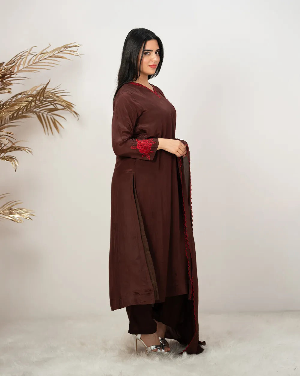 Embroidered A-line salwar suit- dark brown shade
