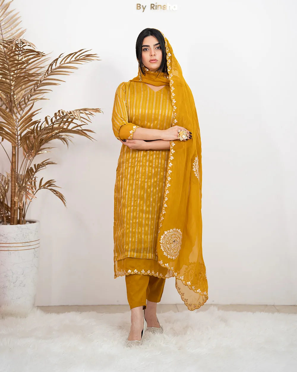 Tissue Striped Salwar Suit – Golden Yellow