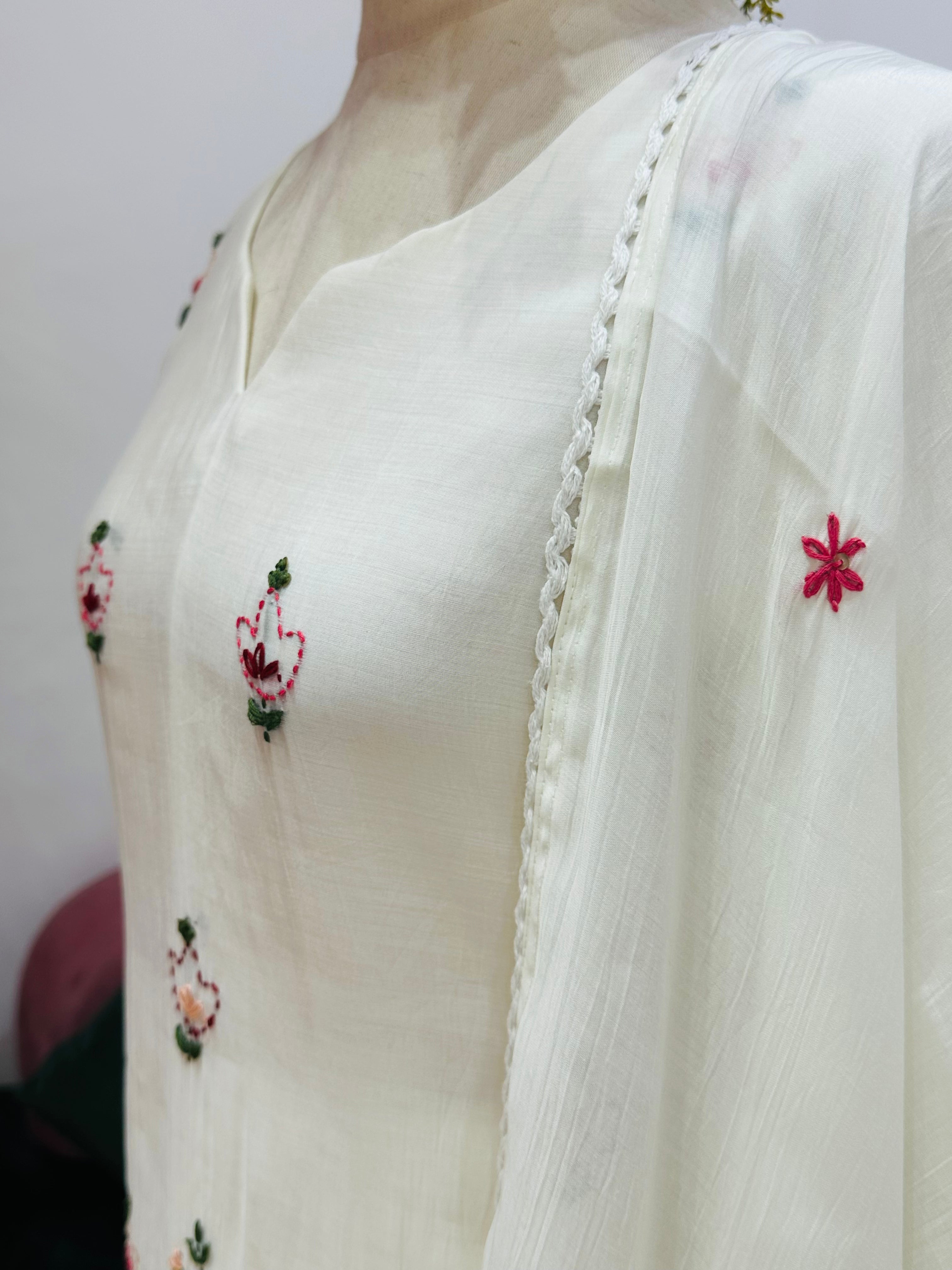 3pc A-Line Mul Chanderi Suit- Off White