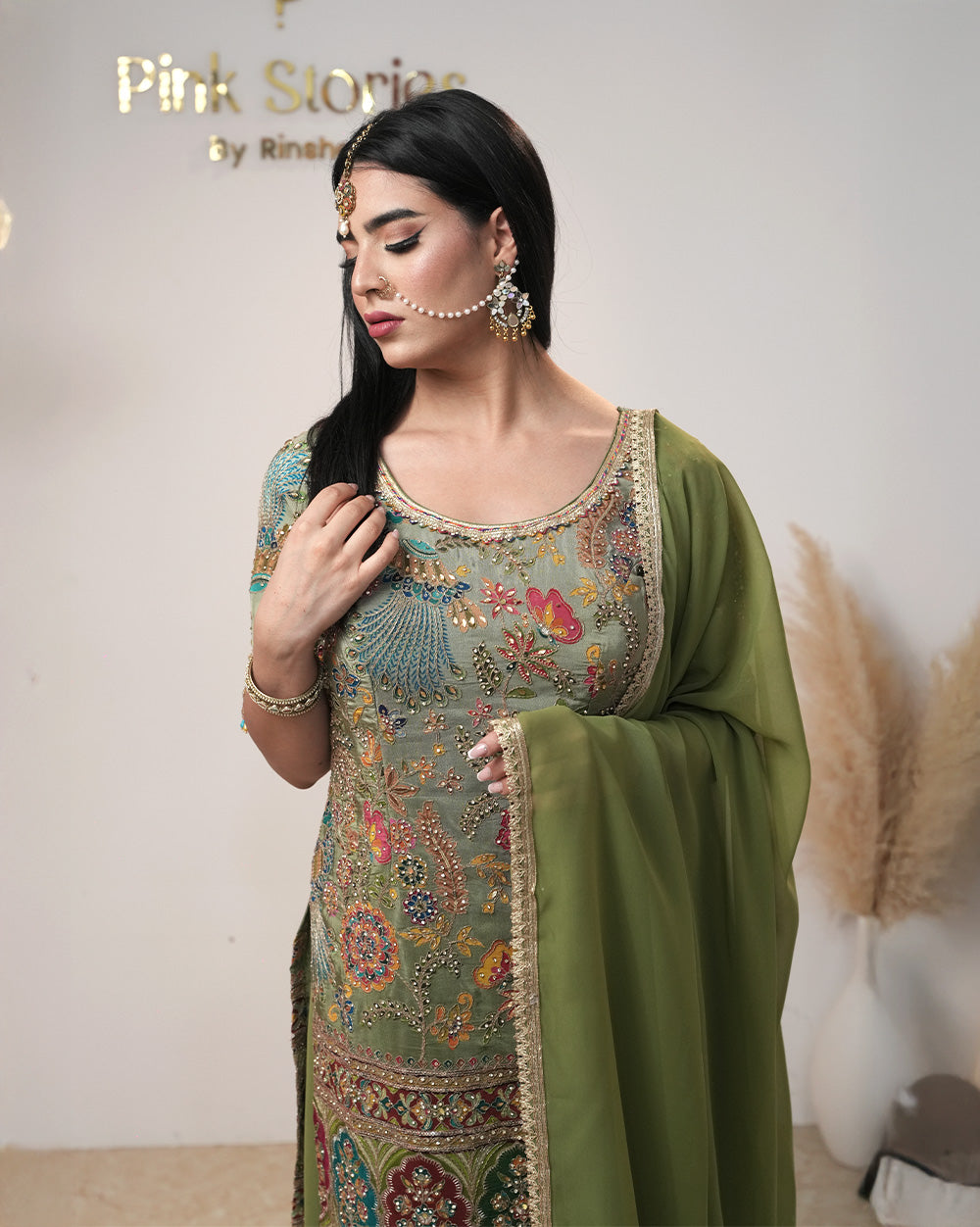 Half sleeve party wear designer sharara suit-olive green