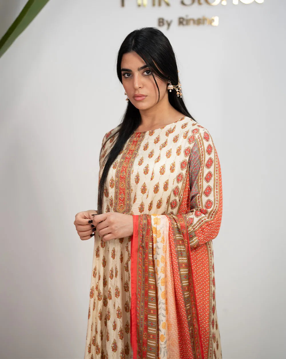 Muslin Silk Printed Panel Cut Anarkali - Cream Shade