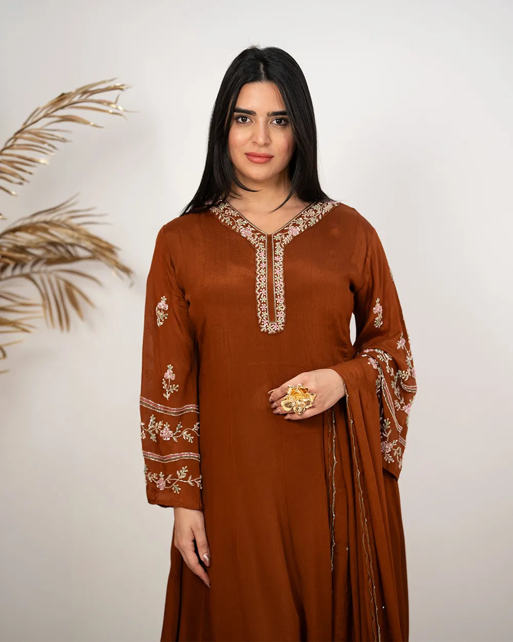 Handworked panel cut anarkali suit-brown