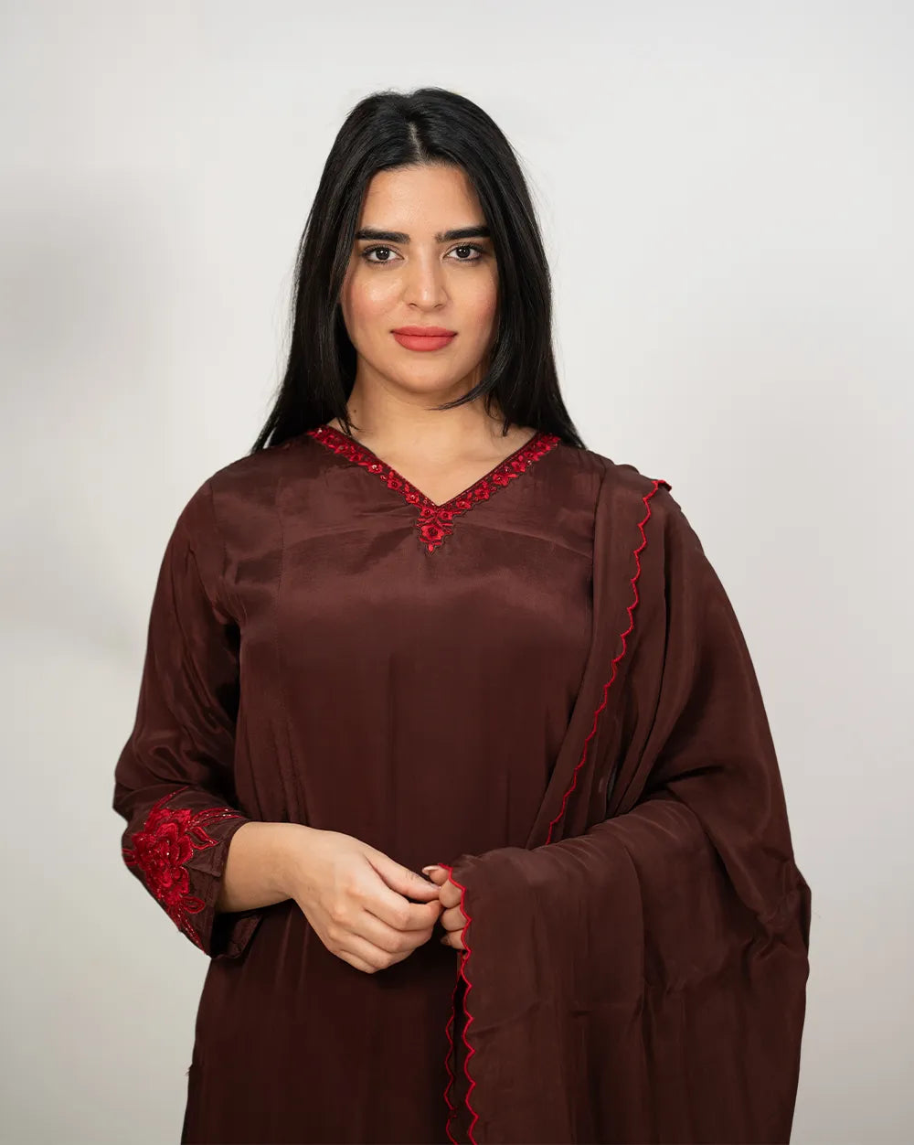 Embroidered A-line salwar suit- dark brown shade