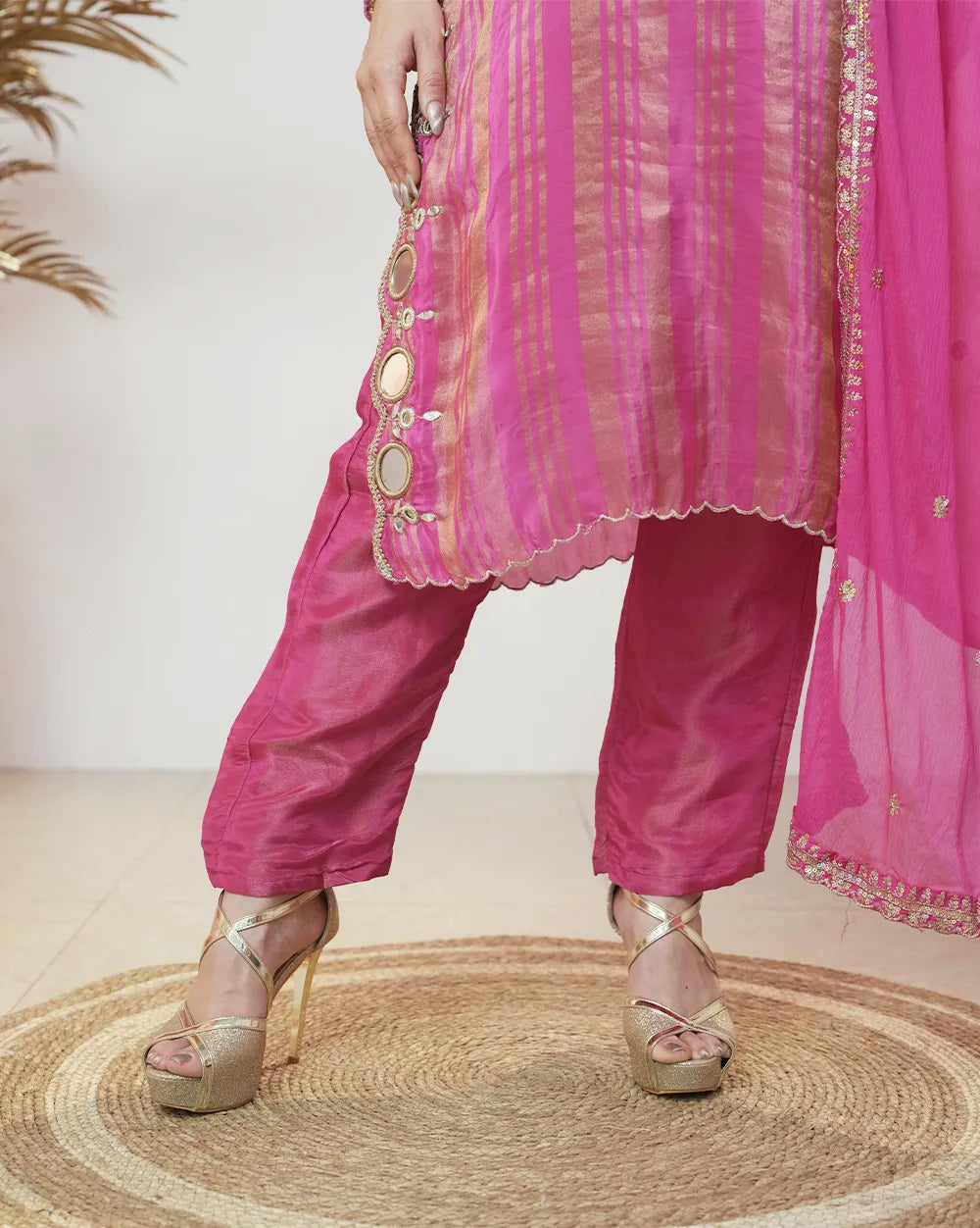 Crepe silk stripe design big mirror worked salwar suit-pink