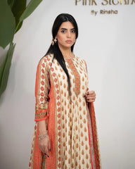 Muslin Silk Printed Panel Cut Anarkali - Cream Shade