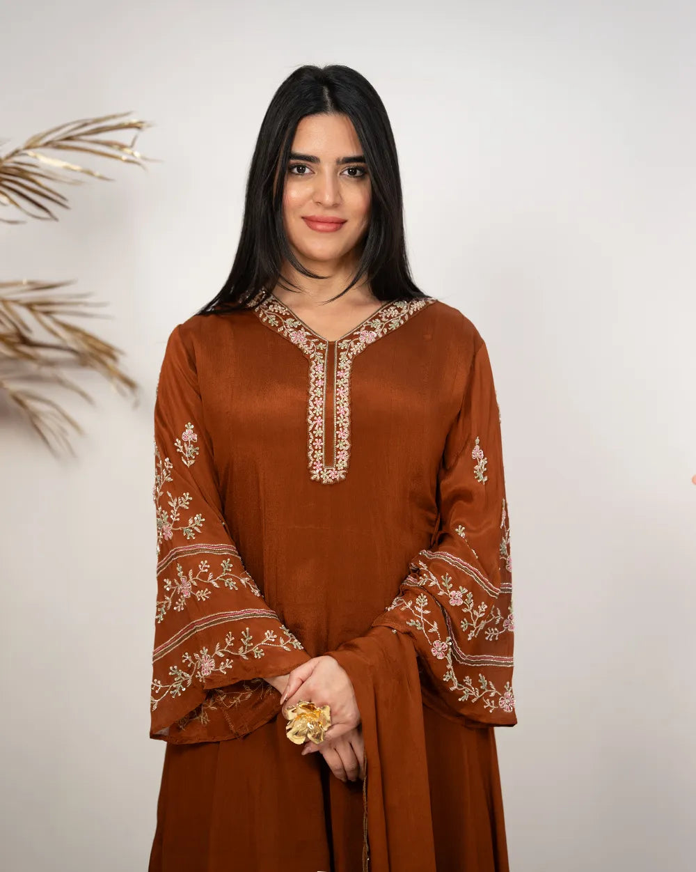 Handworked panel cut anarkali suit-brown