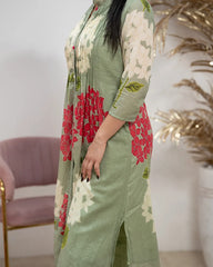 Printed Mul Cotton Co-Ord Set with Knife Pleats – Pale Green