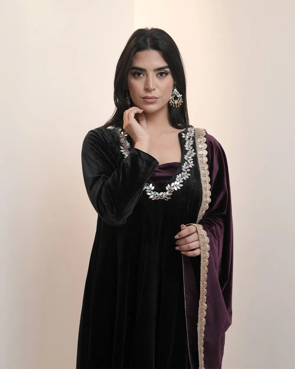 Premium velvet panel cut anarkali with contrast dupatta- black